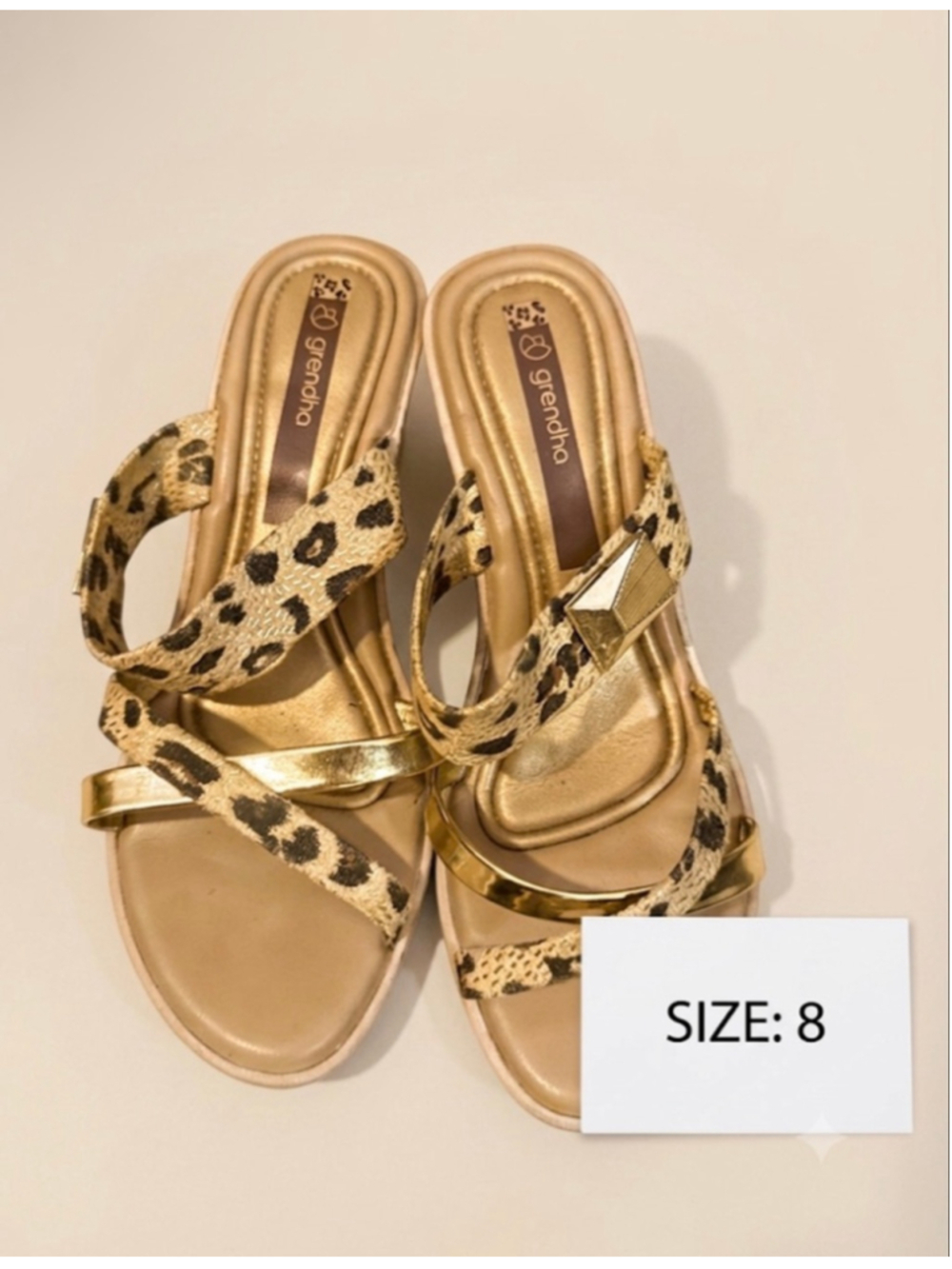 Grendha Leopard Print Wedge Sandals Size 8 Beige Gold